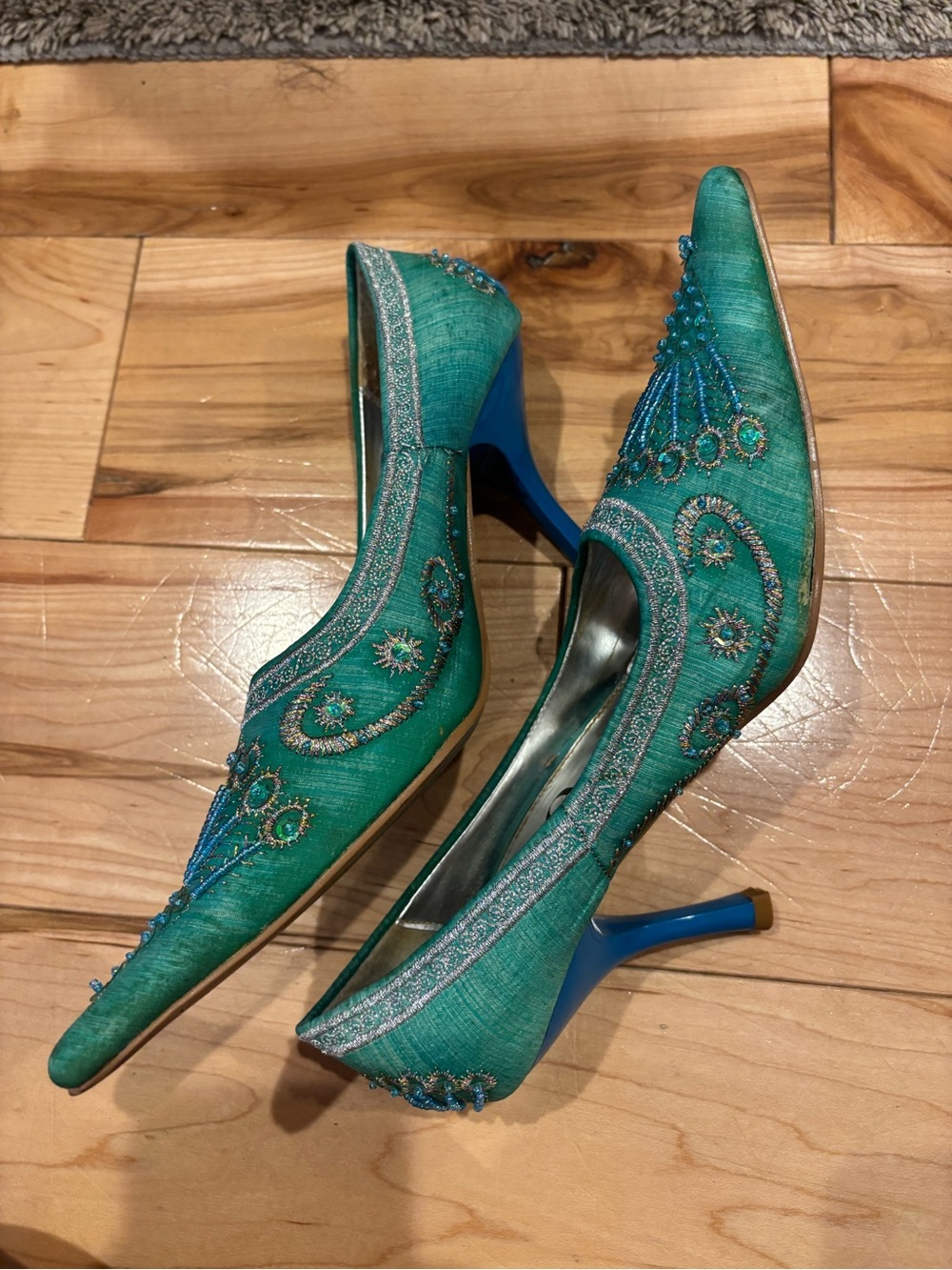 Emerald Beaded Pointed Toe Heels - Women's